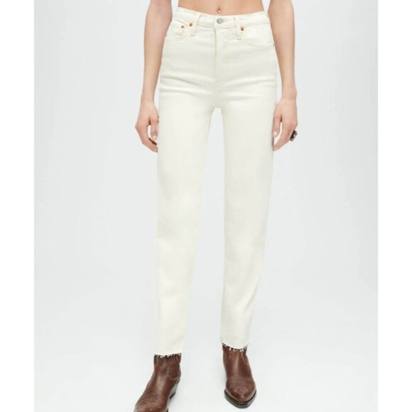 RE/DONE Jeans Size 28 70's Stove Pipe Frayed Ivory High Rise With Stretch - Picture 1 of 14